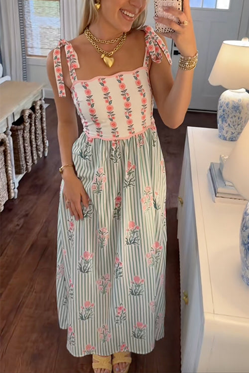 Rebadress Tie Shoulder Back Lace-up Striped Floral Maxi Cami Dress