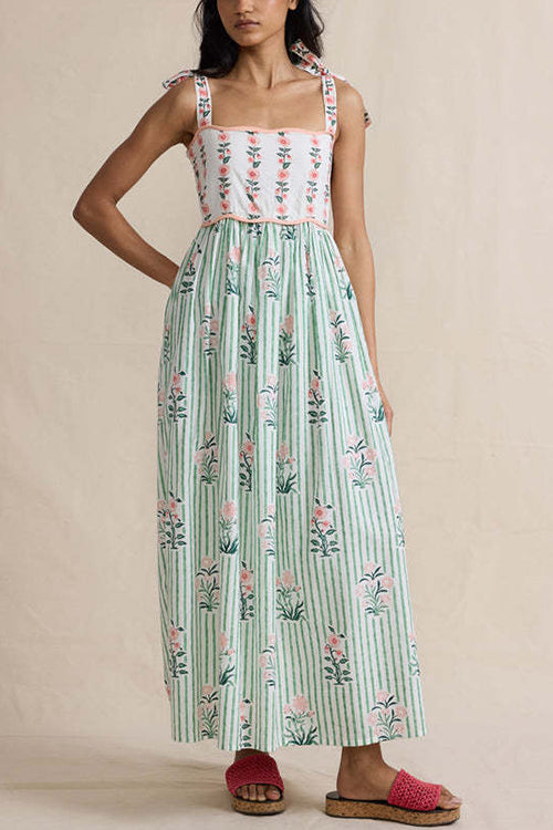 Rebadress Tie Shoulder Back Lace-up Striped Floral Maxi Cami Dress