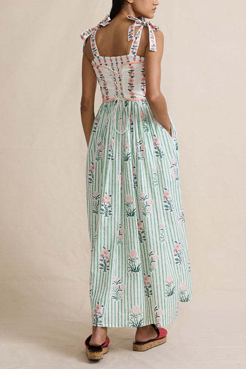 Rebadress Tie Shoulder Back Lace-up Striped Floral Maxi Cami Dress