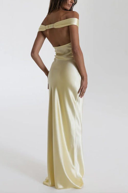 Rebadress Off Shoulder Backless Cut Out Satin Maxi Dress