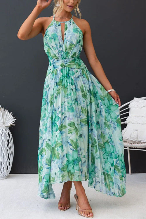 Rebadress V Neck Waisted Cut Out Floral Pleated Maxi Dress