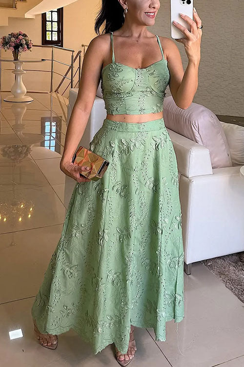 Rebadress Embroidery Crop Cami Top and Elastic Waist Swing Maxi Skirt Set