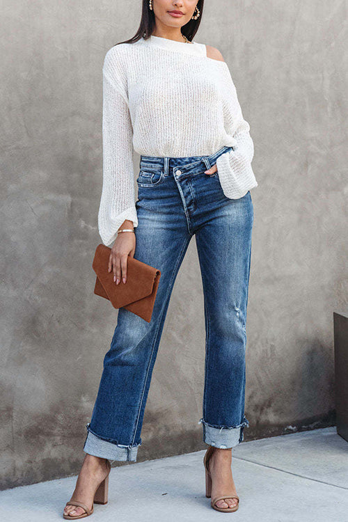 Rebadress High Waist Straight Leg Ripped Denim Pants