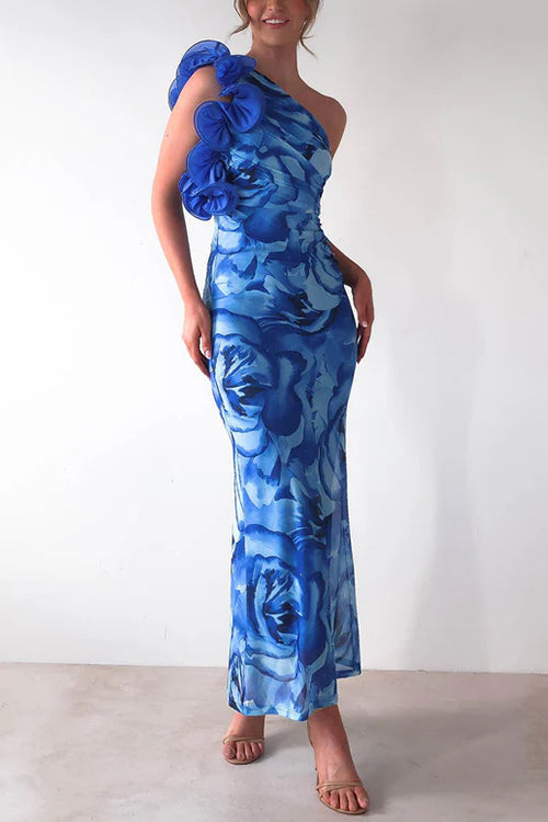 Rebadress Ruffle One Shoulder Floral Print Bodycon Maxi Dress