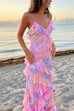 Rebadress Spaghetti Strap Backless Ruffle Trim Printed Maxi Dress