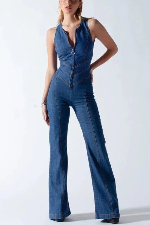 Rebadress Zip Up Sleeveless Heart Back Bell Bottom Denim Jumpsuit