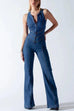 Rebadress Zip Up Sleeveless Heart Back Bell Bottom Denim Jumpsuit