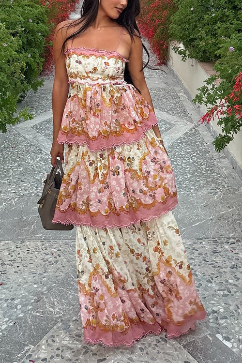 Rebadress Spaghetti Strap Back Lace-up Ruffle Layered Floral Print Maxi Dress