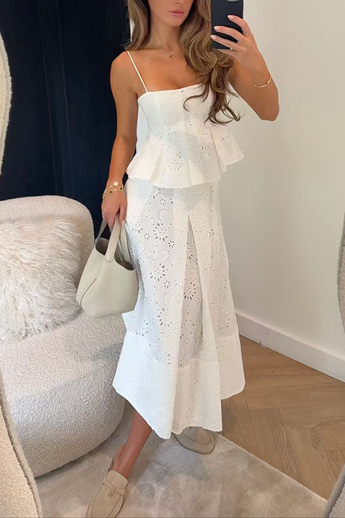 Rebadress Lace Hollow Out Ruffle Cami Top and A-line Midi Skirt Set