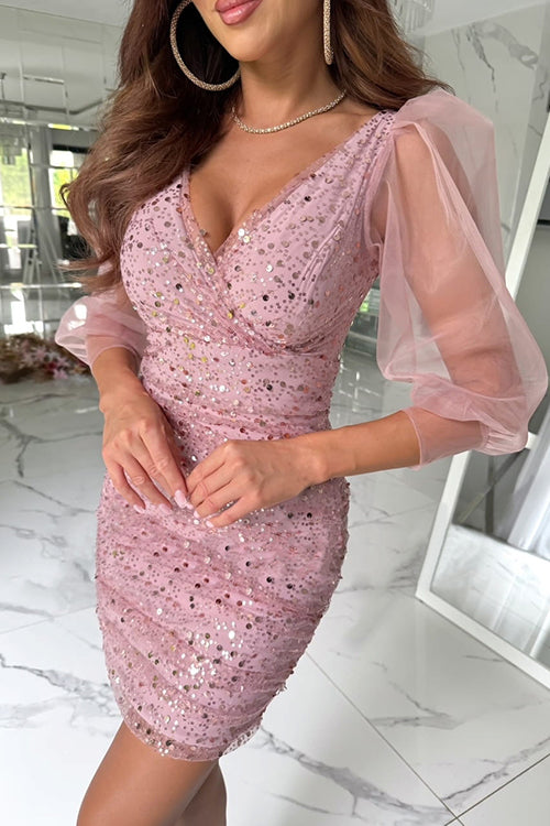 Rebadress V Neck Ruched Mesh Sequin Bodycon Mini Dress