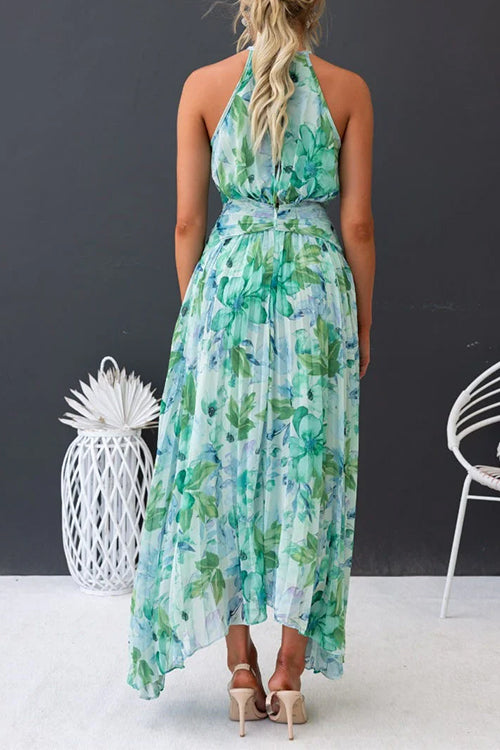 Rebadress V Neck Waisted Cut Out Floral Pleated Maxi Dress
