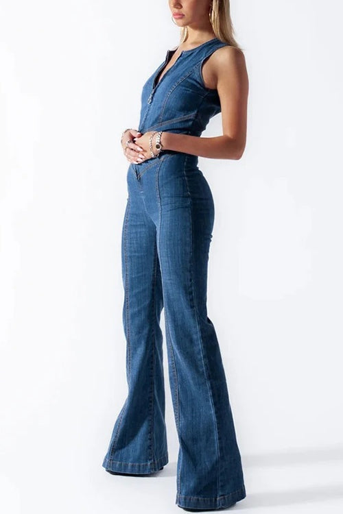 Rebadress Zip Up Sleeveless Heart Back Bell Bottom Denim Jumpsuit
