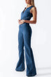 Rebadress Zip Up Sleeveless Heart Back Bell Bottom Denim Jumpsuit