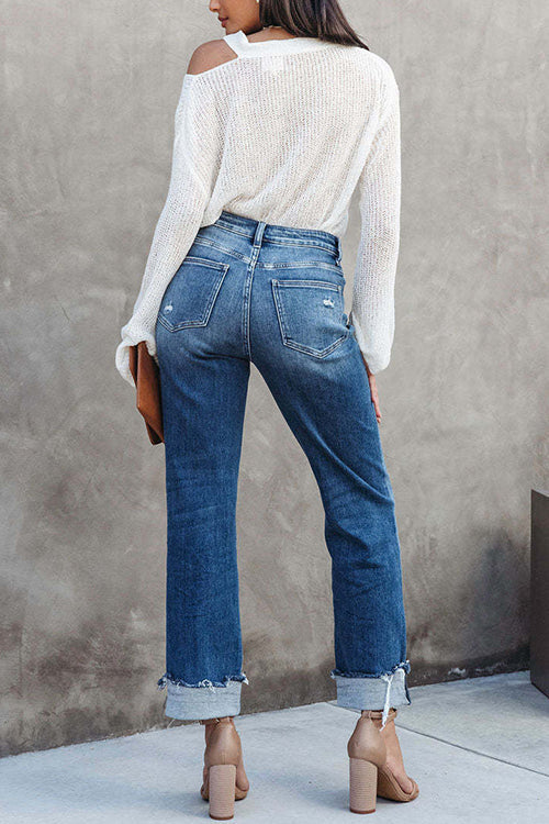 Rebadress High Waist Straight Leg Ripped Denim Pants