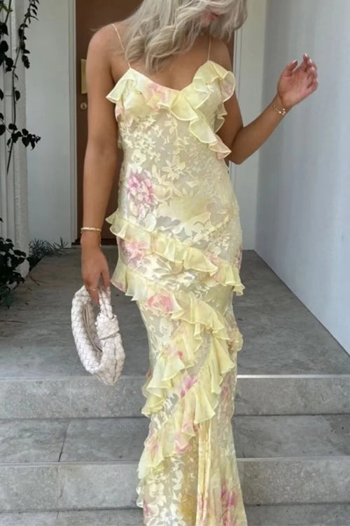 Rebadress Spaghetti Strap Backless Ruffle Trim Printed Maxi Dress