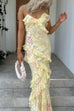 Rebadress Spaghetti Strap Backless Ruffle Trim Printed Maxi Dress