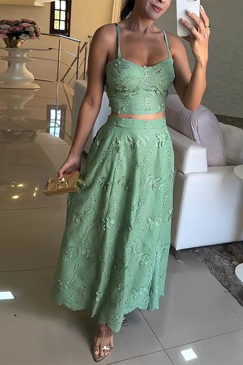 Rebadress Embroidery Crop Cami Top and Elastic Waist Swing Maxi Skirt Set