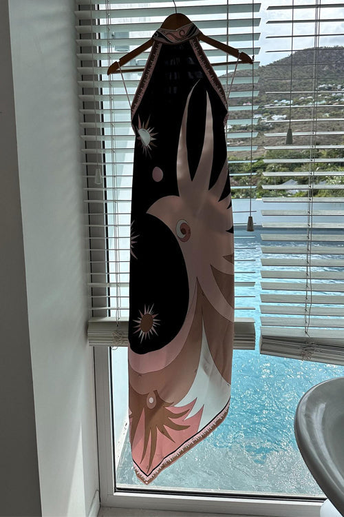 Rebadress Halter Neck Open Back Asymmetric Hem Printed Satin Midi Dress