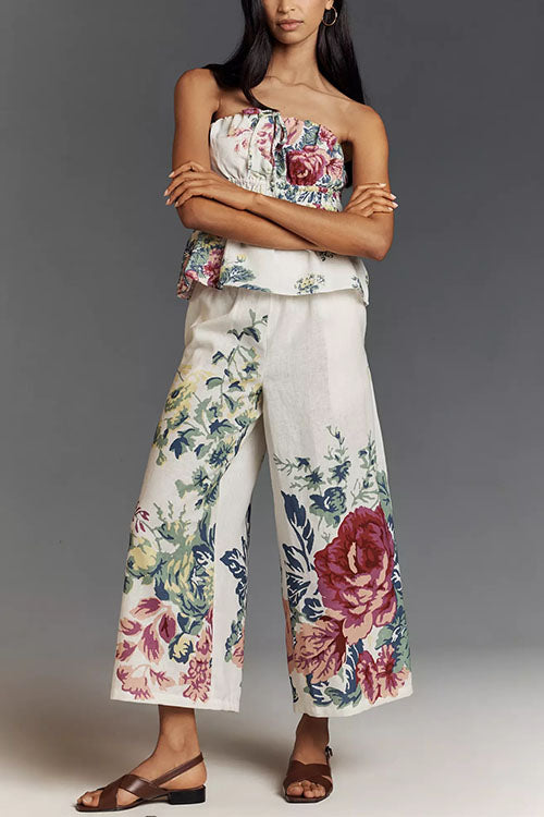 Rebadress Floral Print Strapless Ruffle Tube Top and Smocked Waist Wide Leg Pants