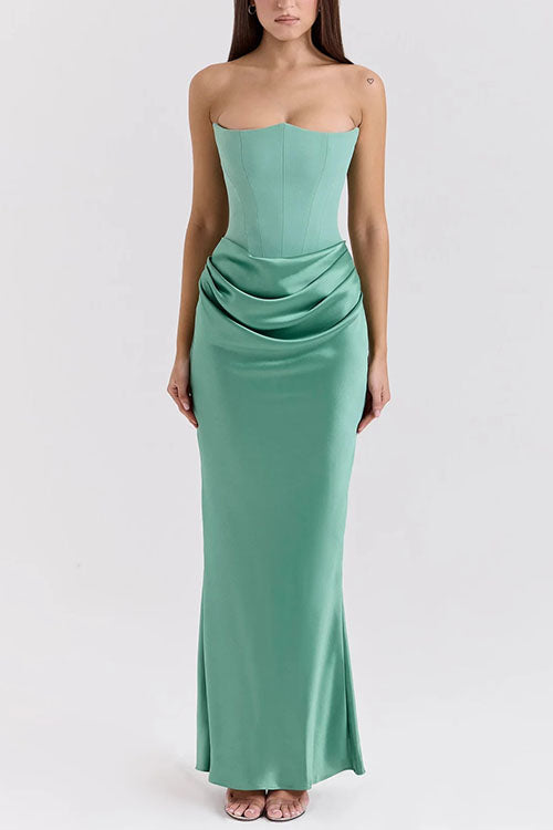 Rebadress Strapless Ruched Satin Splice Bodycon Maxi Dress