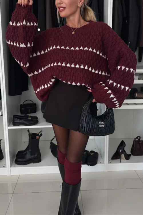 Rebadress Lantern Sleeves Color Block Chunky Knit Sweater