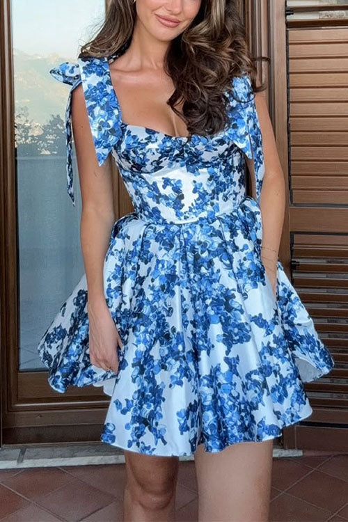 Rebadress Bow Shoulder Floral Print A-line Mini Cami Dress