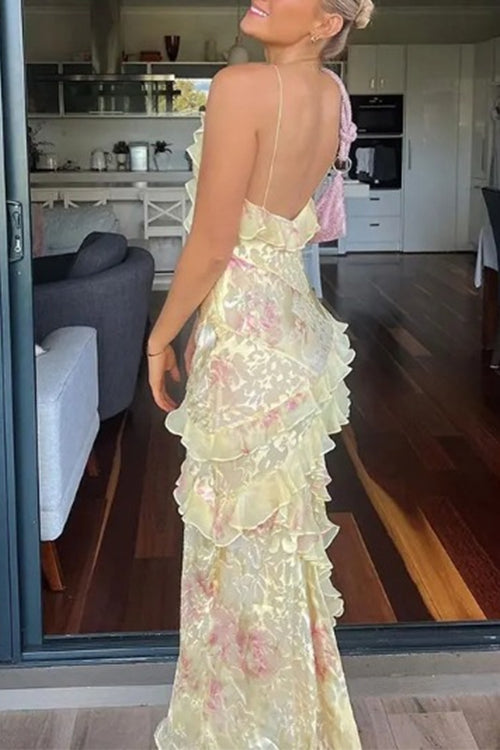 Rebadress Spaghetti Strap Backless Ruffle Trim Printed Maxi Dress