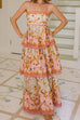 Rebadress Spaghetti Strap Back Lace-up Ruffle Layered Floral Print Maxi Dress