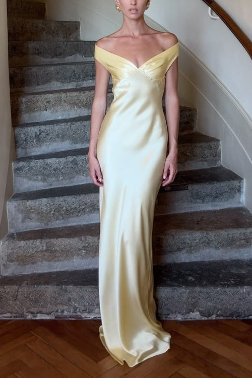 Rebadress Off Shoulder Backless Cut Out Satin Maxi Dress