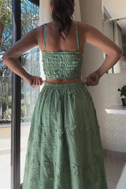 Rebadress Embroidery Crop Cami Top and Elastic Waist Swing Maxi Skirt Set