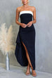 Strapless Draped Slit Color Block Maxi Dress