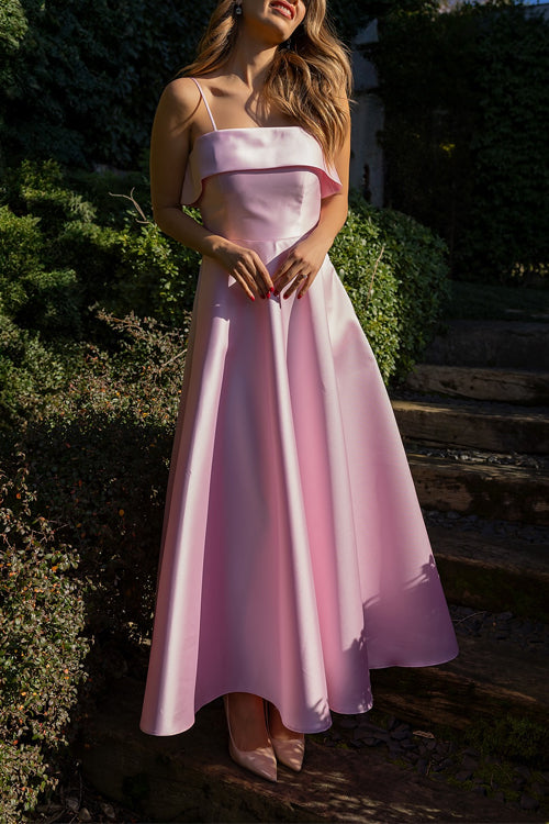 Rebadress Spaghetti Strap Waisted A-line Satin Maxi Dress