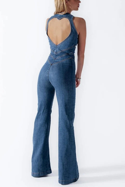 Rebadress Zip Up Sleeveless Heart Back Bell Bottom Denim Jumpsuit