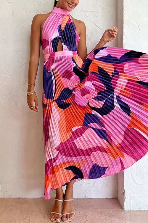 Rebadress Halter Backless Cut Out Printed Maxi Pleated Dress