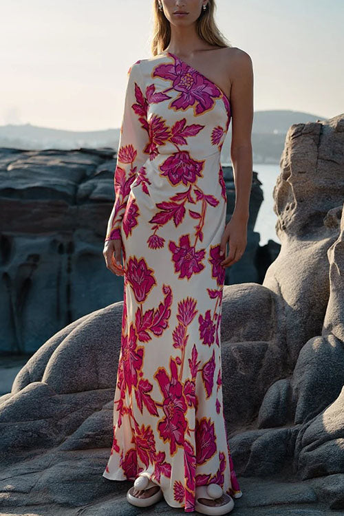 Rebadress One Shoulder Long Sleeve Floral Print Maxi Dress