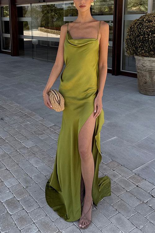 Rebadress High Slit Back Drape Cascading Satin Maxi Cami Dress