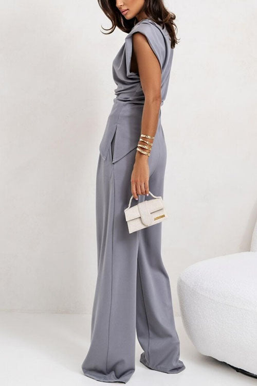 Rebadress Ruched Asymmetrical Top and Wide Leg Pants Set