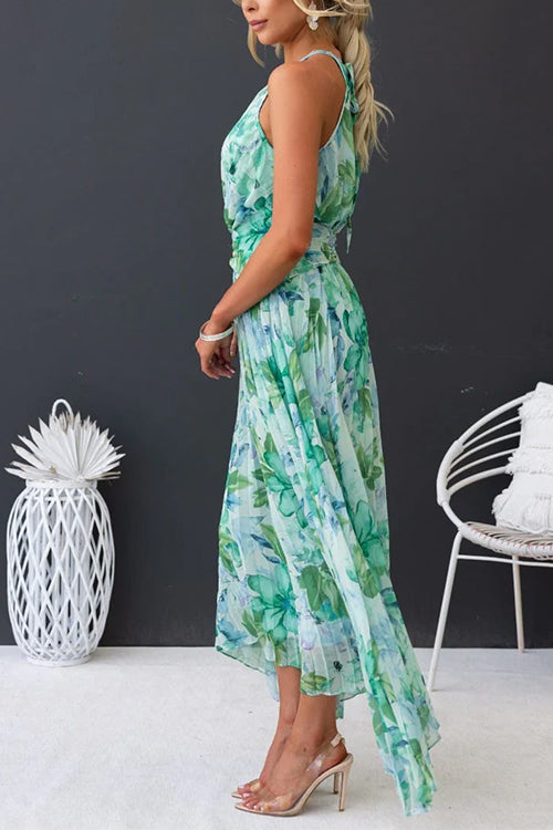 Rebadress V Neck Waisted Cut Out Floral Pleated Maxi Dress
