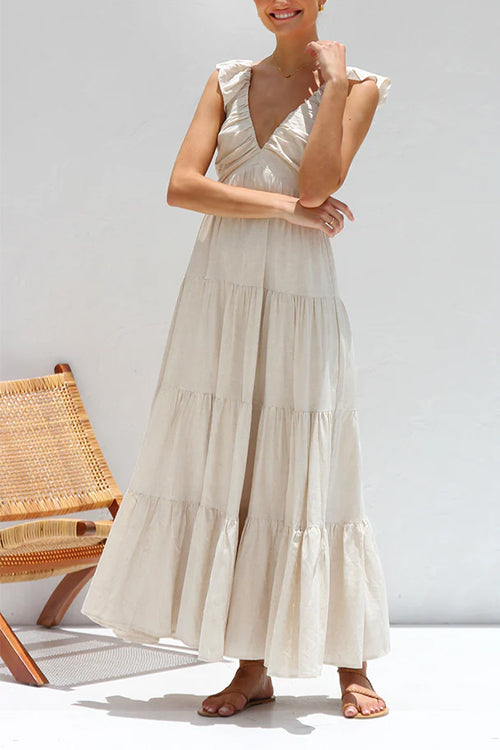 Rebadress V Neck Ruffle Trim Tiered Sleeveless Linen Maxi Dress
