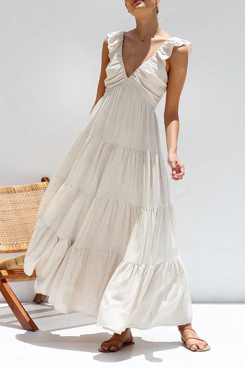 Rebadress V Neck Ruffle Trim Tiered Sleeveless Linen Maxi Dress