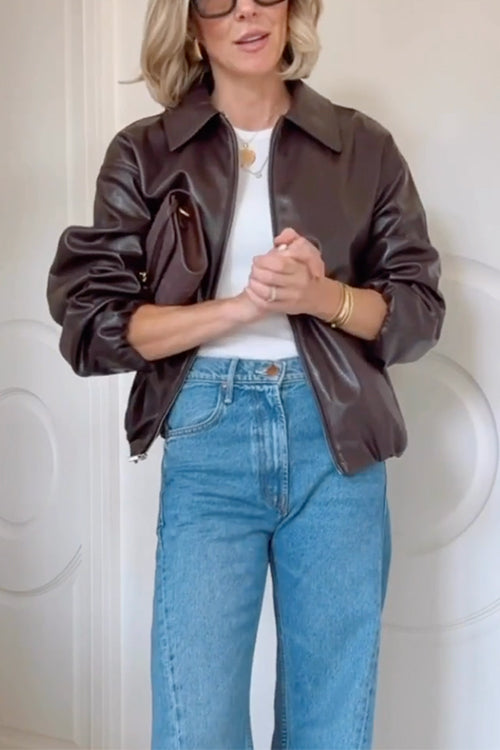 Rebadress Lapel Zip Up Faux Leather Bomber Jacket