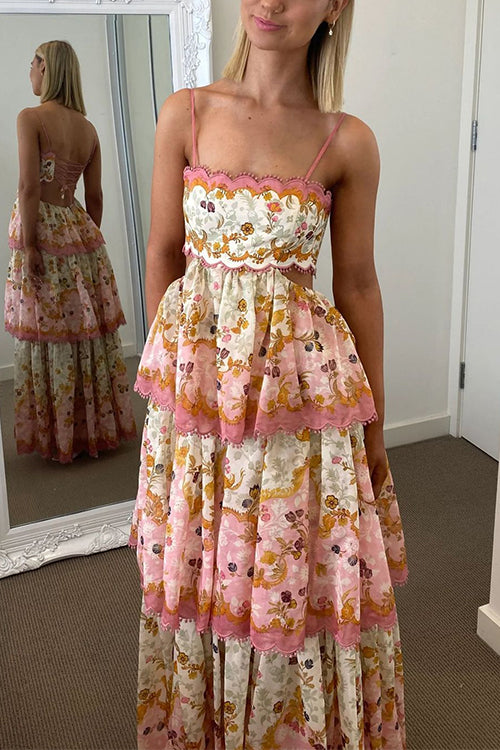 Rebadress Spaghetti Strap Back Lace-up Ruffle Layered Floral Print Maxi Dress
