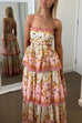 Rebadress Spaghetti Strap Back Lace-up Ruffle Layered Floral Print Maxi Dress