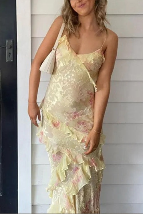 Rebadress Spaghetti Strap Backless Ruffle Trim Printed Maxi Dress