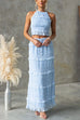 Rebadress Frill Trim Halter Backless Crop Top and Drawstring Waist Maxi Skirt Set