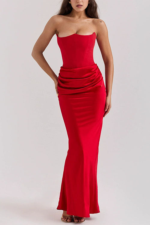 Rebadress Strapless Ruched Satin Splice Bodycon Maxi Dress