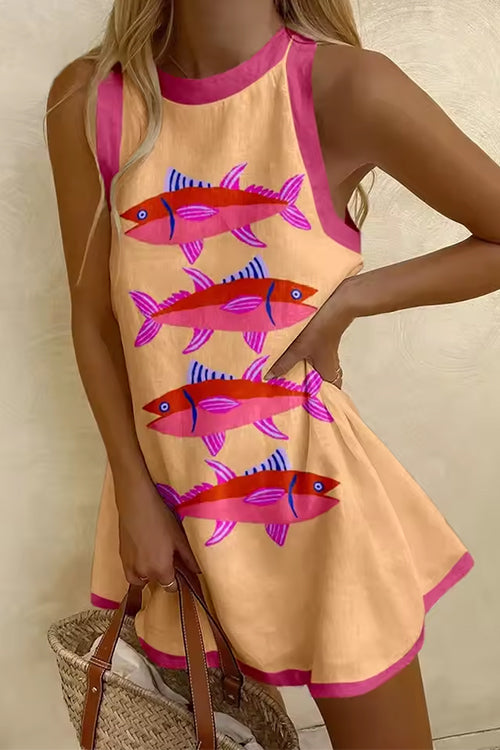 Rebadress Sleeveless Cartoon Fish Print Color Block Mini Dress