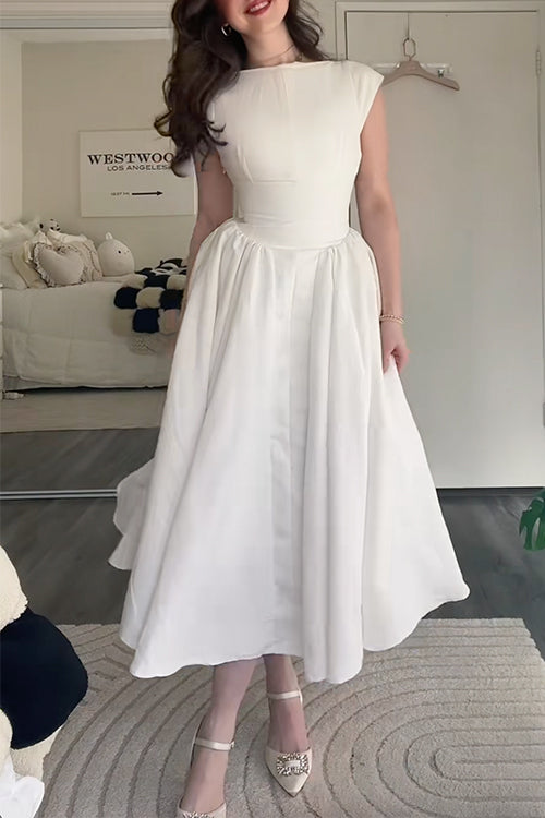 Rebadress Cap Sleeves Open Back Waisted Swing Midi Dress