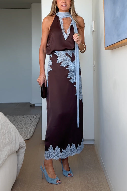 Chic Sleeveless V Neck Lace Trim Satin Top