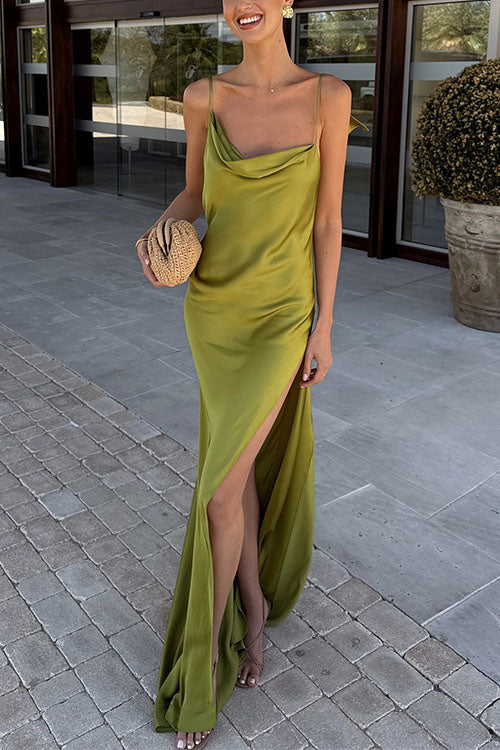 Rebadress High Slit Back Drape Cascading Satin Maxi Cami Dress